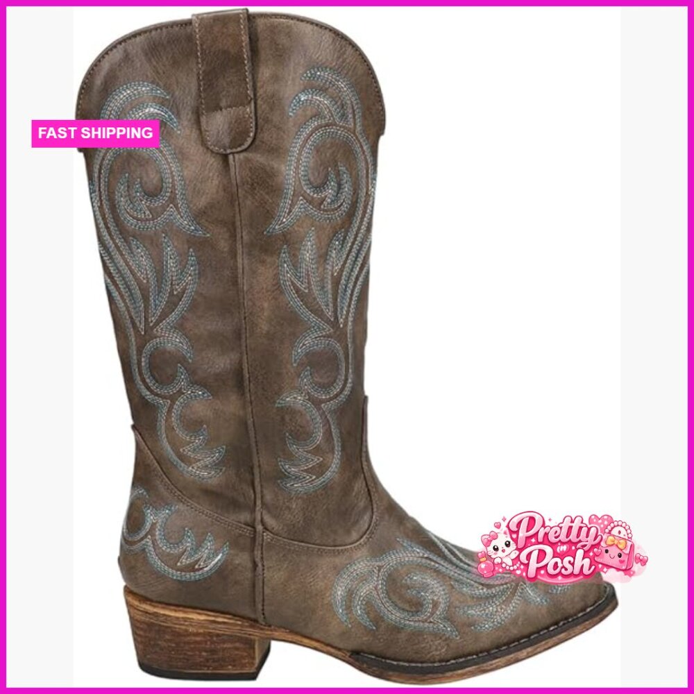 Faux Leather Embroidered Snip Toe Western Boots Mid Calf Casual